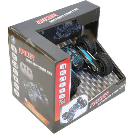 Ferngesteuertes Butterfly-Stunt-Auto in Schwarz-Blau, in Verpackung mit Rennmotiven ausgestellt.