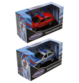 Zwei Spielzeug-Einsatzfahrzeuge, ein rotes Feuerwehrauto und ein silbernes Polizeiauto in Verpackung.