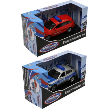 Zwei Spielzeug-Einsatzfahrzeuge, ein rotes Feuerwehrauto und ein silbernes Polizeiauto in Verpackung.
