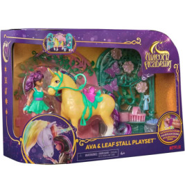 Ava & Leaf Stall Playset mit Einhorn, Mädchenfigur und Stallzubehör in der Spielbox.