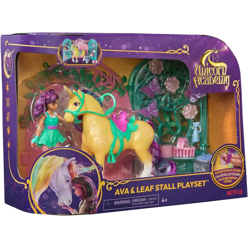 Ava & Leaf Stall Playset mit Einhorn, Mädchenfigur und Stallzubehör in der Spielbox. Ava & Leaf Stall Playset mit Einhorn, Mädchenfigur und Stallzubehör in der Spielbox.