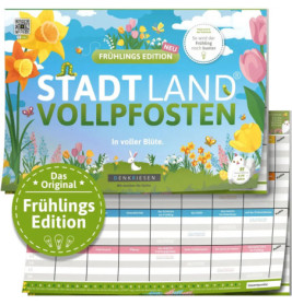Frühlingsedition von Stadt Land Vollpfosten mit Blumen, Wolken und grün gestaltetem Spielblock.