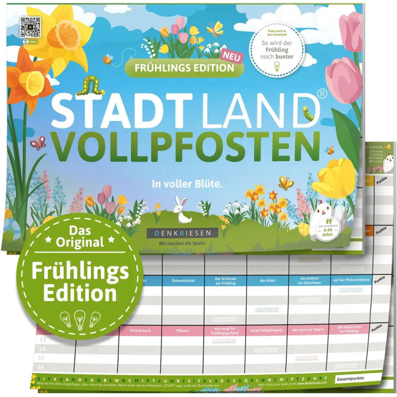 Frühlingsedition von Stadt Land Vollpfosten mit Blumen, Wolken und grün gestaltetem Spielblock. Frühlingsedition von Stadt Land Vollpfosten mit Blumen, Wolken und grün gestaltetem Spielblock.