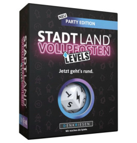 Schwarze Box des Spiels Stadt Land Vollpfosten Levels Party Edition mit Würfel und buntem Neontext.