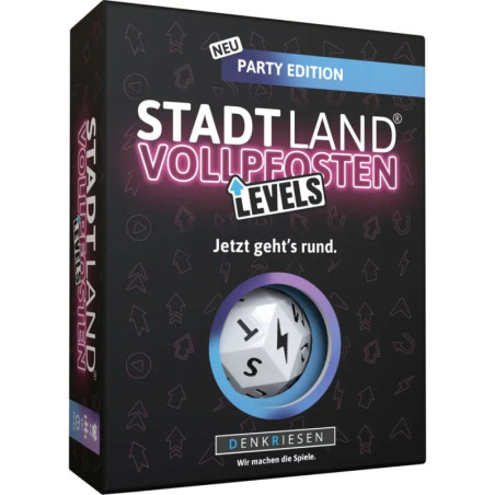 Schwarze Box des Spiels Stadt Land Vollpfosten Levels Party Edition mit Würfel und buntem Neontext.