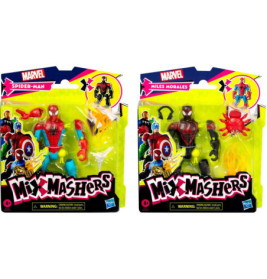 Zwei Marvel Mix Mashers Sets: Spider-Man und Miles Morales mit austauschbaren Teilen und Zubehör.