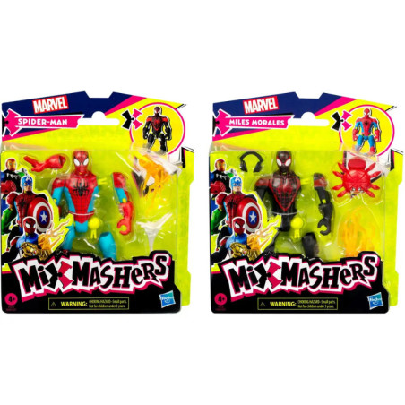 Zwei Marvel Mix Mashers Sets: Spider-Man und Miles Morales mit austauschbaren Teilen und Zubehör.