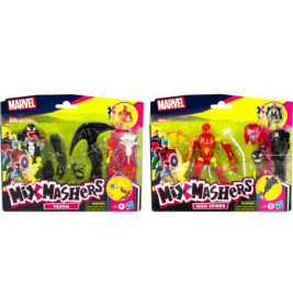 Zwei Marvel Mix Mashers Spielzeugpacks: Venom und Iron Spider in bunter Verpackung.