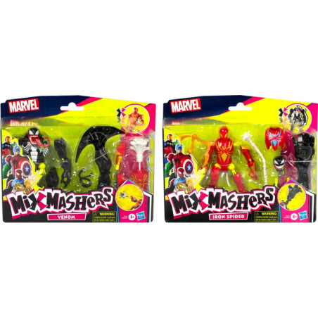 Zwei Marvel Mix Mashers Spielzeugpacks: Venom und Iron Spider in bunter Verpackung.