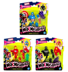 Drei Marvel Mix Mashers Actionfiguren-Packs: Captain America, Iron Man und Black Panther in Verpackung.