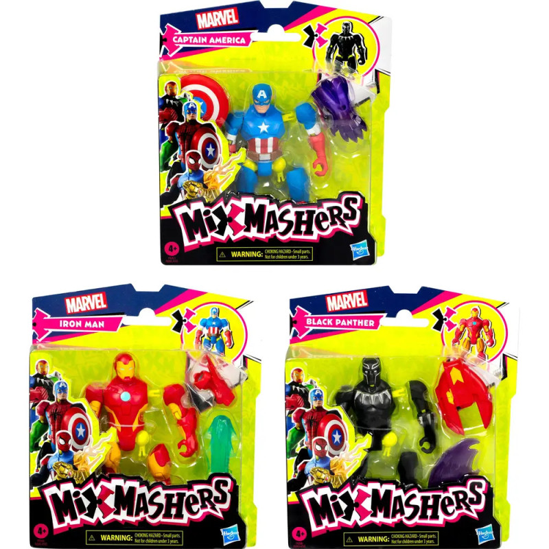 Drei Marvel Mix Mashers Actionfiguren-Packs: Captain America, Iron Man und Black Panther in Verpackung.