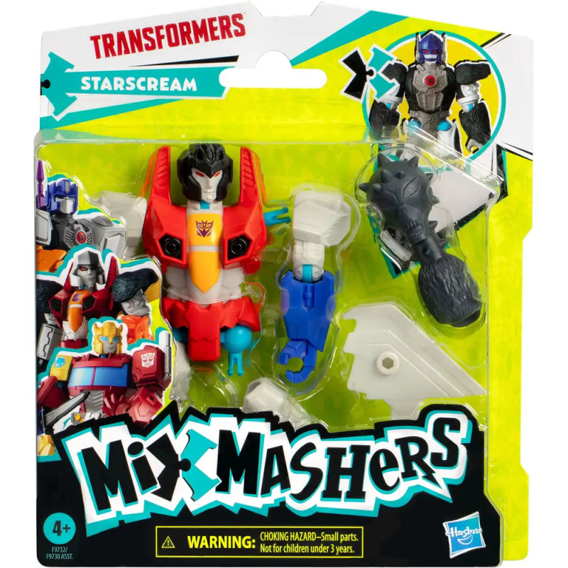 Transformers Mix Mashers Starscream Set: Figur, Zubehör und Warnhinweis in der Verpackung. Transformers Mix Mashers Starscream Set: Figur, Zubehör und Warnhinweis in der Verpackung.