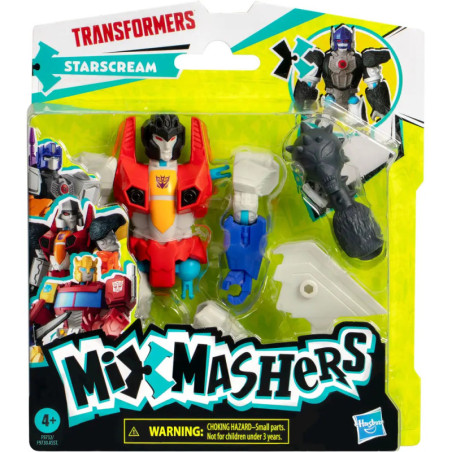 Transformers Mix Mashers Starscream Set: Figur, Zubehör und Warnhinweis in der Verpackung.