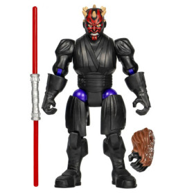 Darth Maul Actionfigur mit Doppelklingen-Lichtschwert und Wechselkopf vor weißem Hintergrund.