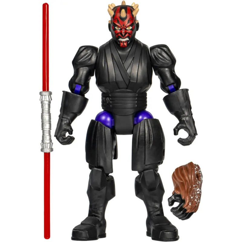 Darth Maul Actionfigur mit Doppelklingen-Lichtschwert und Wechselkopf vor weißem Hintergrund.