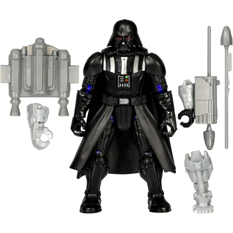 Actionfigur von Darth Vader mit schwarzer Rüstung, Umhang und silbernem Zubehör wie Waffen. Actionfigur von Darth Vader mit schwarzer Rüstung, Umhang und silbernem Zubehör wie Waffen.