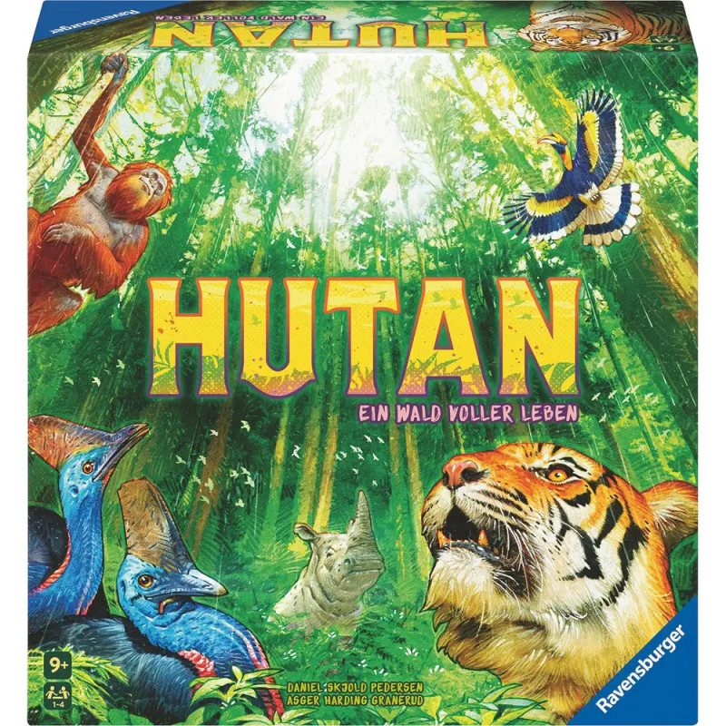 Brettspielschachtel mit Tiger, Kasuar, Orang-Utan und Vogel im Dschungel, Titel: HUTAN. Brettspielschachtel mit Tiger, Kasuar, Orang-Utan und Vogel im Dschungel, Titel: HUTAN.