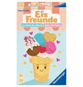 Spielschachtel mit lächelnder Eistüte, bunten Kugeln, Herzen und dem Schriftzug Eis Freunde.