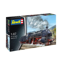 Revell-Bausatz: BR 18 505 Dampflokomotive auf der Box mit Illustration und Markenlogo.