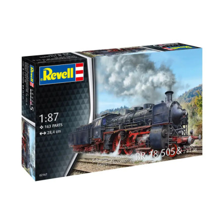 Revell-Bausatz: BR 18 505 Dampflokomotive auf der Box mit Illustration und Markenlogo.