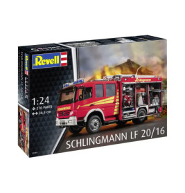 Revell-Bausatz: rotes Schlingmann LF 20/16 Feuerwehrauto mit Ausrüstung, brennendes Gebäude.