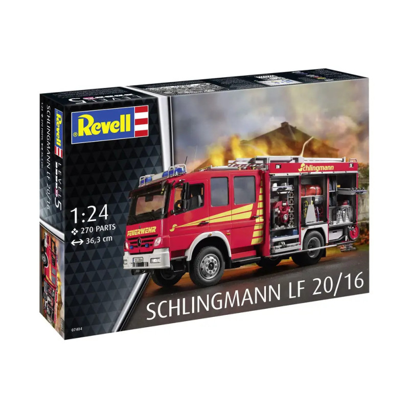 Revell-Bausatz: rotes Schlingmann LF 20/16 Feuerwehrauto mit Ausrüstung, brennendes Gebäude.
