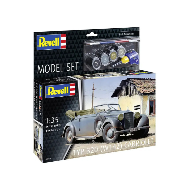 Revell Typ 320 (W142) Cabriolet Modellset mit Farbe und Autoabbildung auf der Verpackung. Revell Typ 320 (W142) Cabriolet Modellset mit Farbe und Autoabbildung auf der Verpackung.