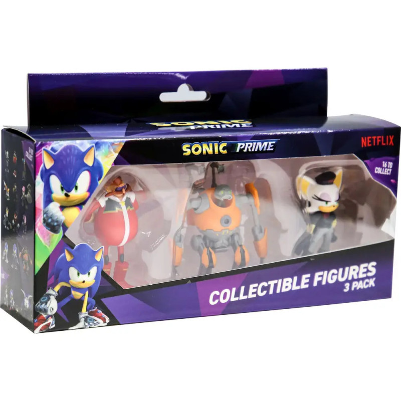 Sonic Prime Sammelfiguren-3er-Pack mit Sonic, Eggman und Nine, Netflix-Branding auf der Box.