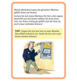 Illustration: Mann am Geldautomaten, dazu deutscher Text mit Tipps zur Erstellung einer einprägsamen PIN.