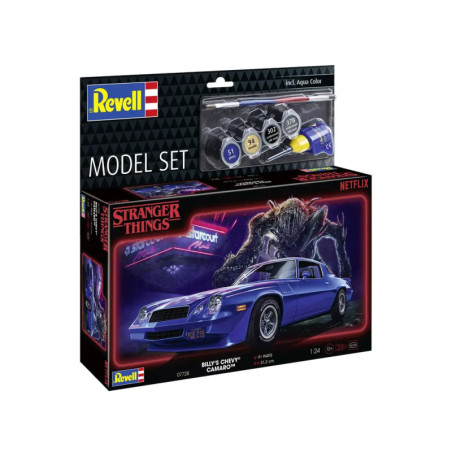 Revell Stranger Things Set: Billys blauer Camaro, Farben und Monsterbild auf der Verpackung. Revell Stranger Things Set: Billys blauer Camaro, Farben und Monsterbild auf der Verpackung.