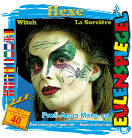 Frau mit Hexenschminke in Grün und Schwarz, Spinnennetz-Design, auf Make-up-Set abgebildet.