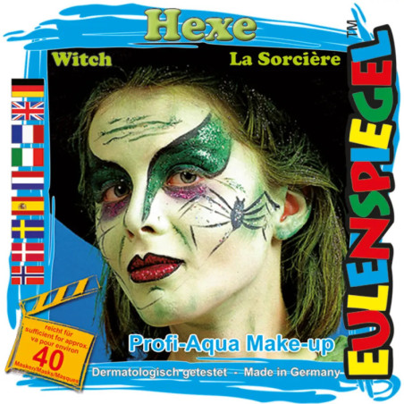Frau mit Hexenschminke in Grün und Schwarz, Spinnennetz-Design, auf Make-up-Set abgebildet.