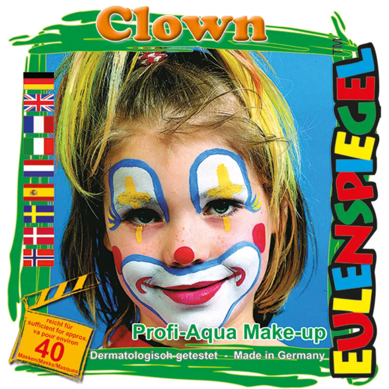Kind mit bunter Clown-Schminke und gelber Schleife auf Schminkset-Packung Clown & Eulenspiegel.