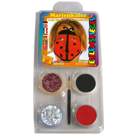 Schminkset mit vier Farben, Pinsel und Marienkäfer-Design als Beispiel auf der Verpackung.