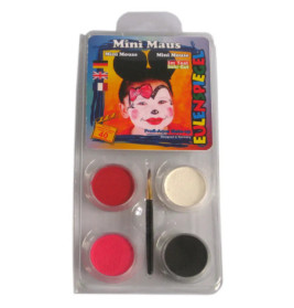 Mini Mouse Schminkset mit vier Farben, Pinsel und Beispielmotiv auf der Verpackung.