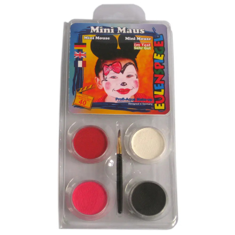 Mini Mouse Schminkset mit vier Farben, Pinsel und Beispielmotiv auf der Verpackung.