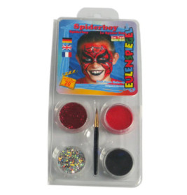 Kinderschminkset Spiderboy mit Farben, Glitzer, Pinsel und Kind mit rotem Spinnennetz im Gesicht.