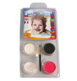 Schminkset mit vier Farben, Pinsel und Foto eines Kindes mit Eisbär-Gesichtsbemalung.