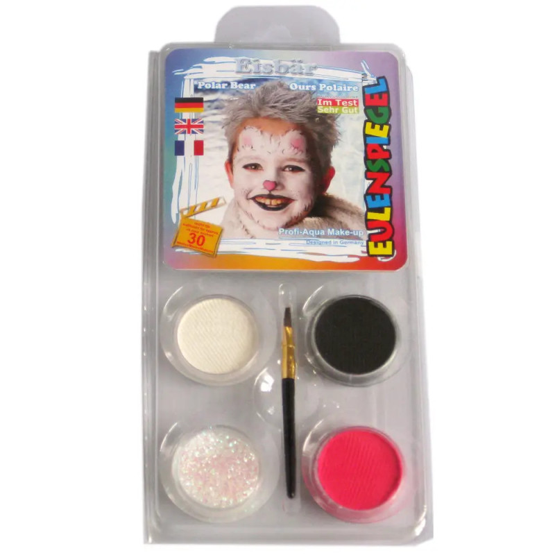 Schminkset mit vier Farben, Pinsel und Foto eines Kindes mit Eisbär-Gesichtsbemalung.
