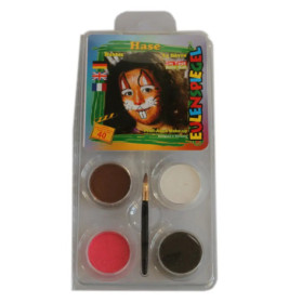 Kinderschminkset mit vier Farben, Pinsel und Beispielbild eines Kindes mit Hasen-Gesichtsbemalung.