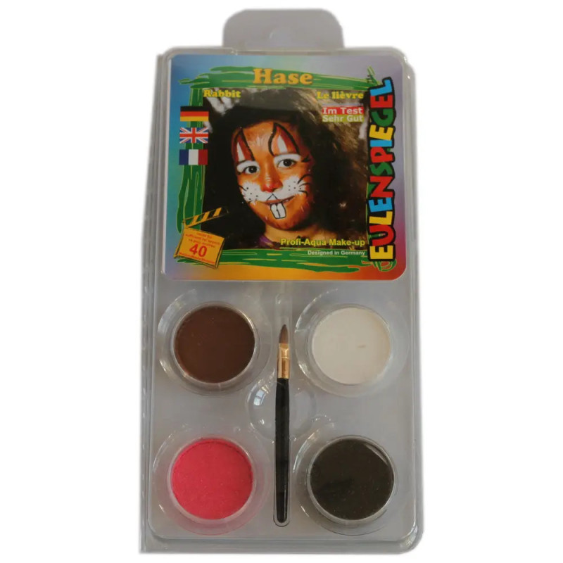 Kinderschminkset mit vier Farben, Pinsel und Beispielbild eines Kindes mit Hasen-Gesichtsbemalung.