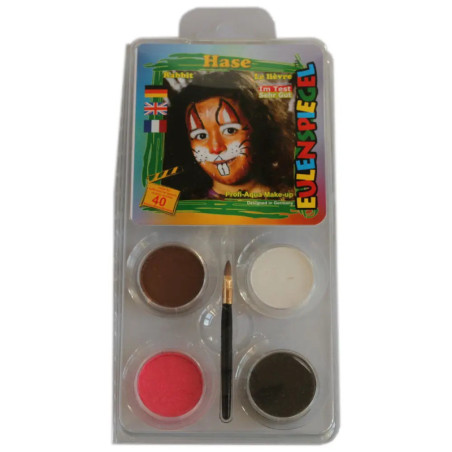 Kinderschminkset mit vier Farben, Pinsel und Beispielbild eines Kindes mit Hasen-Gesichtsbemalung.
