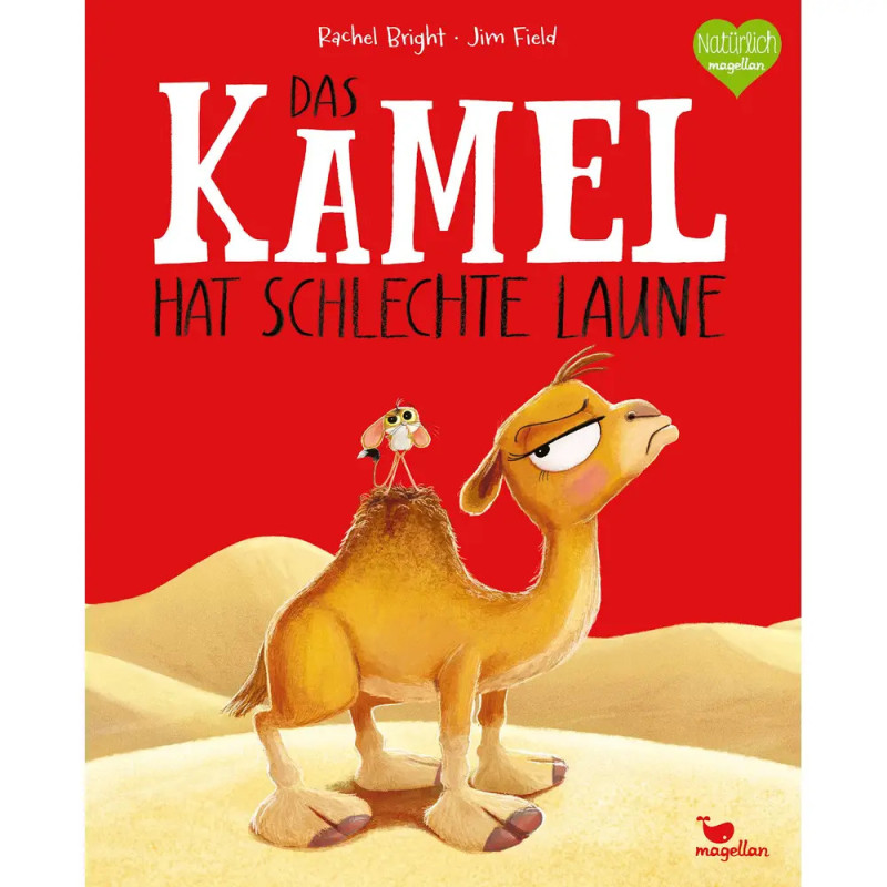 Ein mürrisches Kamel mit Vogel steht in der Wüste auf rotem Buchcover mit deutschem Text.