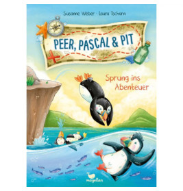 Drei Pinguine springen von einer Klippe ins Meer Buchtitel: Peer, Pascal & Pit - Sprung ins Abenteuer.