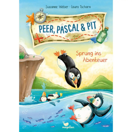 Drei Pinguine springen von einer Klippe ins Meer Buchtitel: Peer, Pascal & Pit - Sprung ins Abenteuer. Drei Pinguine springen von einer Klippe ins Meer Buchtitel: Peer, Pascal & Pit - Sprung ins Abenteuer.