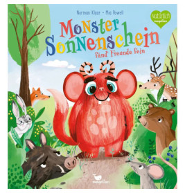 Buntes Kinderbuchcover mit rotem Monster und mehreren lächelnden Waldtieren ringsum.