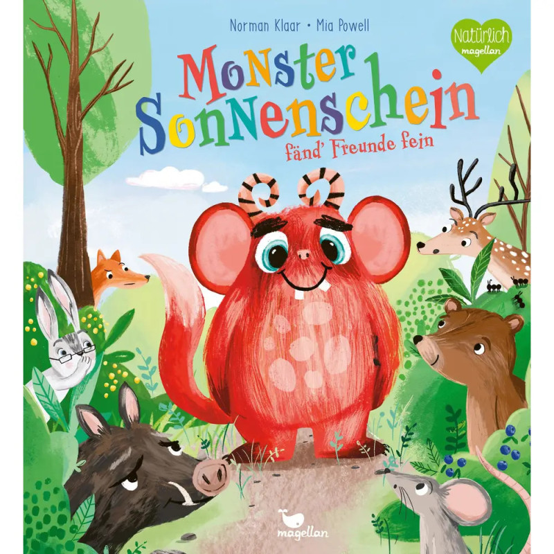 Buntes Kinderbuchcover mit rotem Monster und mehreren lächelnden Waldtieren ringsum.