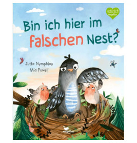 Großer, konfuser Vogel mit zwei kleineren im Nest deutscher Text auf dem Cover.