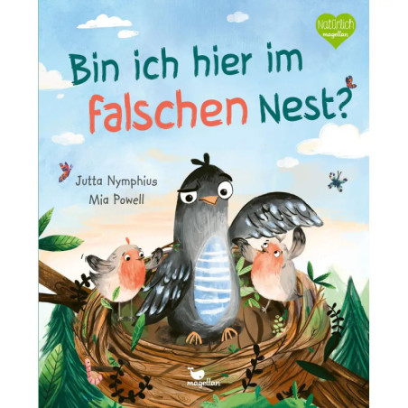 Großer, konfuser Vogel mit zwei kleineren im Nest deutscher Text auf dem Cover.