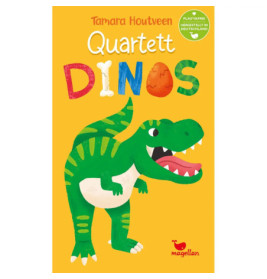Buntes Buchcover mit lächelndem grünem Dino und dem Titel Quartett Dinos auf gelbem Hintergrund.
